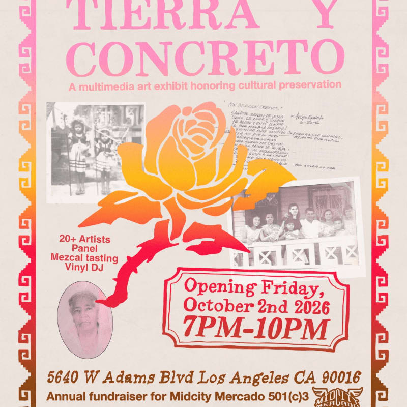 A stylized orange rose and event details occupy the foreground of a flyer set against a light beige background with pink decorative borders and vintage photographs.