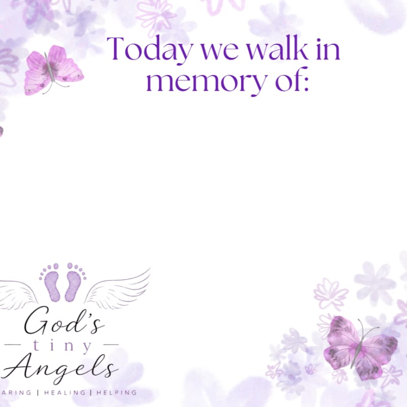 Purple text and a logo with baby footprints and wings sit in the foreground against a white background decorated with soft purple flowers and butterflies.