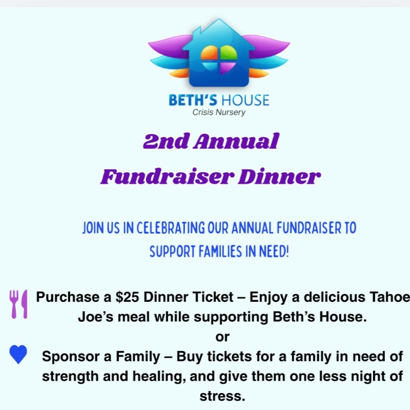 A colorful flyer for Beth's House Crisis Nursery's 2nd Annual Fundraiser Dinner is centered against a plain white background.