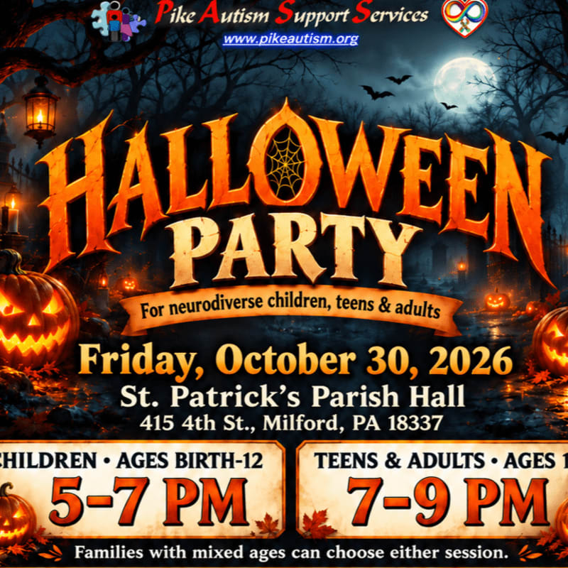A Halloween party flyer features bold orange text and carved pumpkins in the foreground against a spooky background of a moonlit forest with bats.