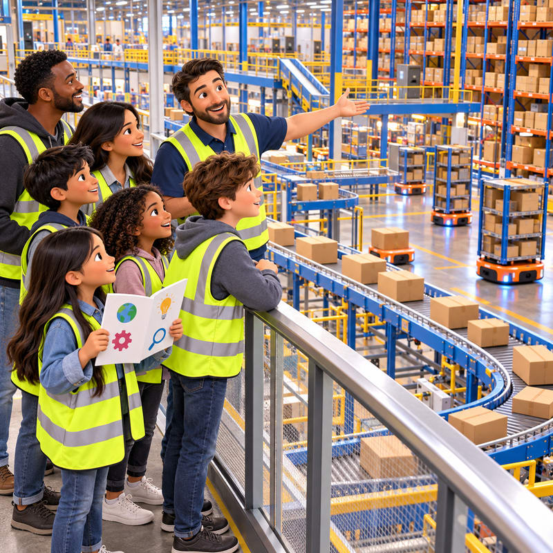 A group of people in safety vests look out over a vast, automated warehouse filled with conveyor belts and towering shelves of boxes.