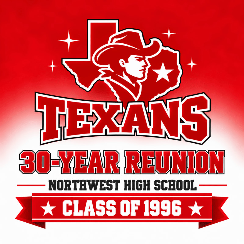 A graphic for a Northwest High School 30-year reunion for the Class of 1996 features a cowboy silhouette over a Texas map in the foreground against a red and white gradient background.