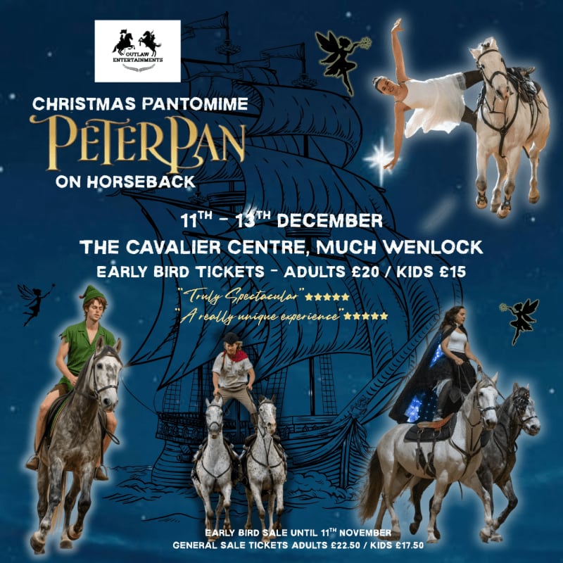 Promotional text for a "Peter Pan on Horseback" pantomime is layered over a dark blue background featuring a ghostly sailing ship and several actors riding horses.
