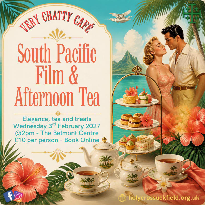 A tea set and hibiscus flowers sit in the foreground of a vintage-style advertisement featuring a romantic couple and a tropical beach landscape in the background.