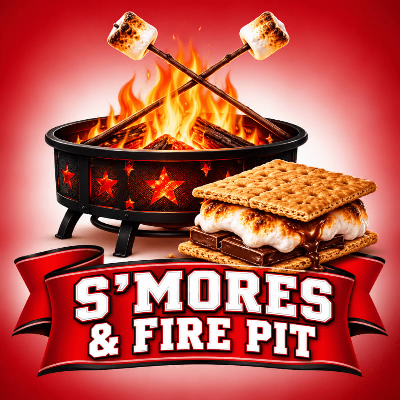A s'more and a red banner sit in the foreground before a blazing fire pit with roasting marshmallows against a red background.