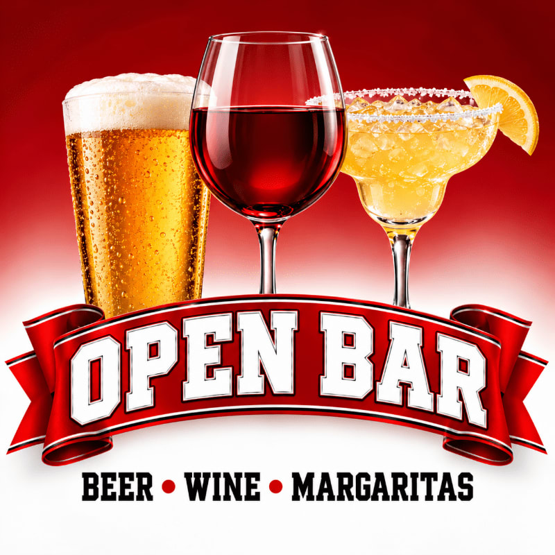 A glass of beer, a glass of red wine, and a margarita sit behind a red "OPEN BAR" ribbon against a red gradient background.