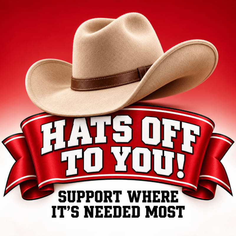 A tan cowboy hat sits above a red ribbon that reads "HATS OFF TO YOU!" against a red and white gradient background.