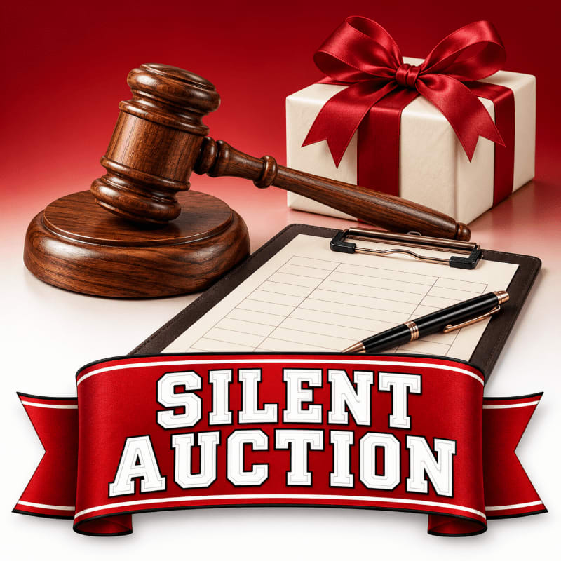 A red ribbon reading "SILENT AUCTION" sits in the foreground before a clipboard, a wooden gavel, and a wrapped gift against a red background.