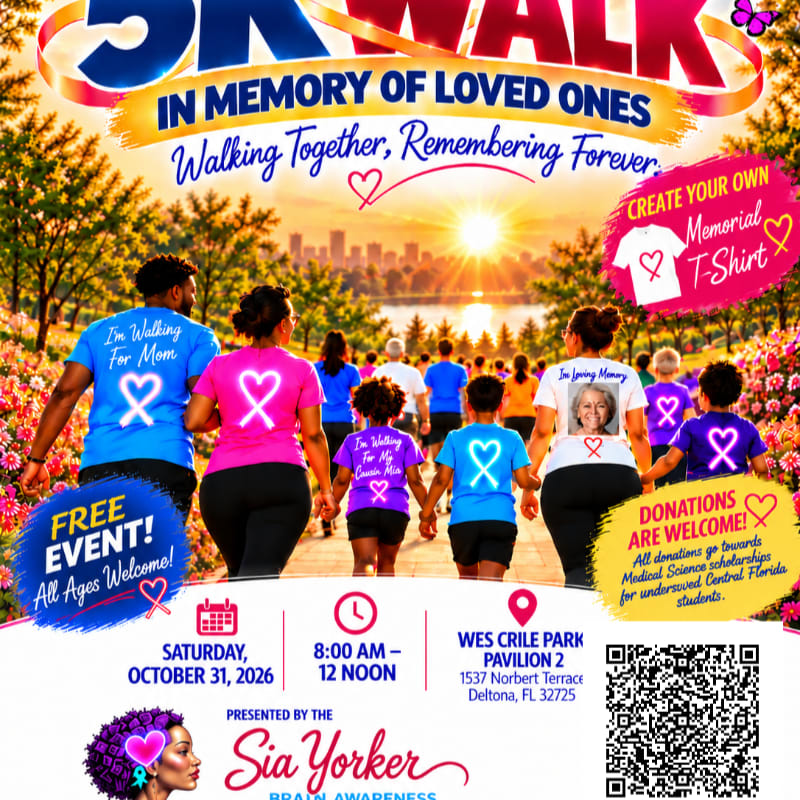 A group of people wearing memorial t-shirts walk toward a city skyline at sunset, with event details and a QR code displayed in the foreground.