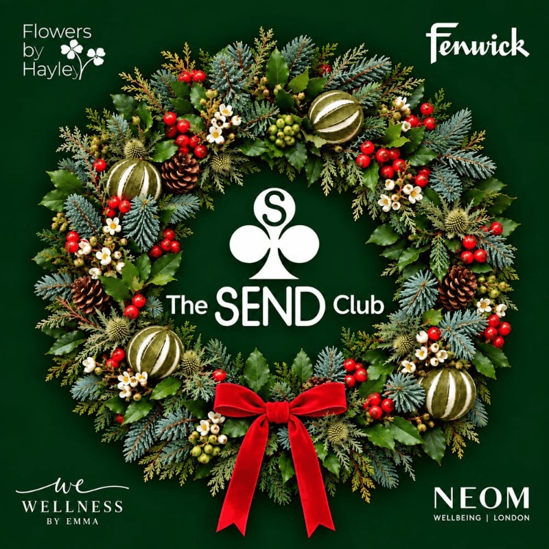 A festive holiday wreath with a red bow and "The SEND Club" logo sits centered against a dark green background featuring various brand names.