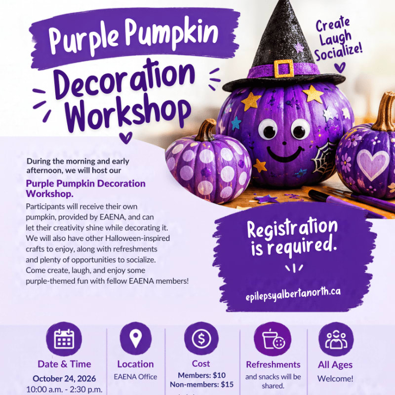 A promotional flyer for a Purple Pumpkin Decoration Workshop features decorated purple pumpkins in the foreground and a purple-themed informational layout in the background.