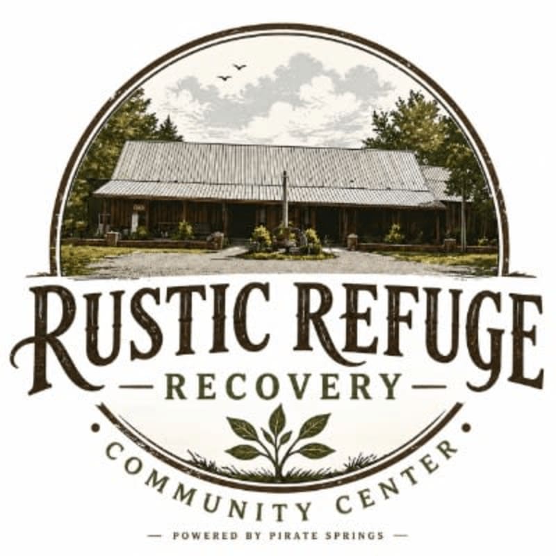 A rustic wooden building with trees and birds in the background is framed by a circular logo featuring the text "Rustic Refuge Recovery Community Center" and a small plant in the foreground.