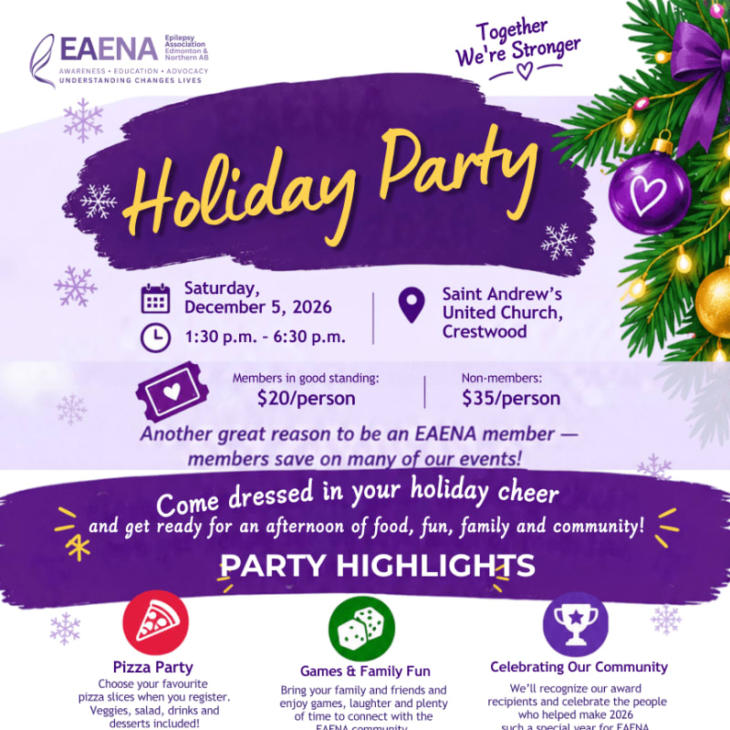 A purple and white holiday party flyer features event details and highlights in the foreground, set against a background with a festive Christmas tree branch and ornaments.