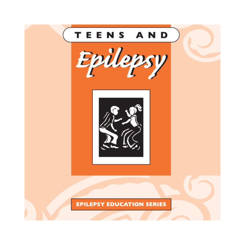 A central orange banner featuring the text "TEENS AND Epilepsy" and an illustration of two dancing figures is set against a light peach background with subtle swirl patterns.
