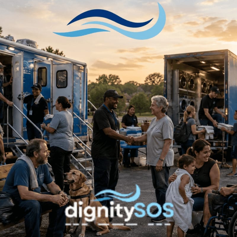 People are receiving services from mobile laundry units in the foreground, with trees and a logo in the background.