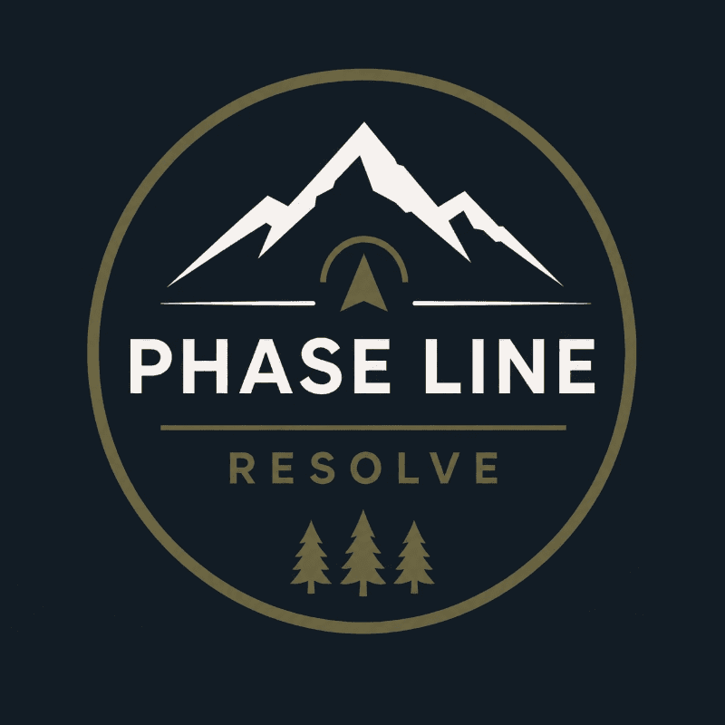 A circular logo features snow-capped mountains and pine trees in the foreground, with the words "PHASE LINE RESOLVE" in the center against a dark background.