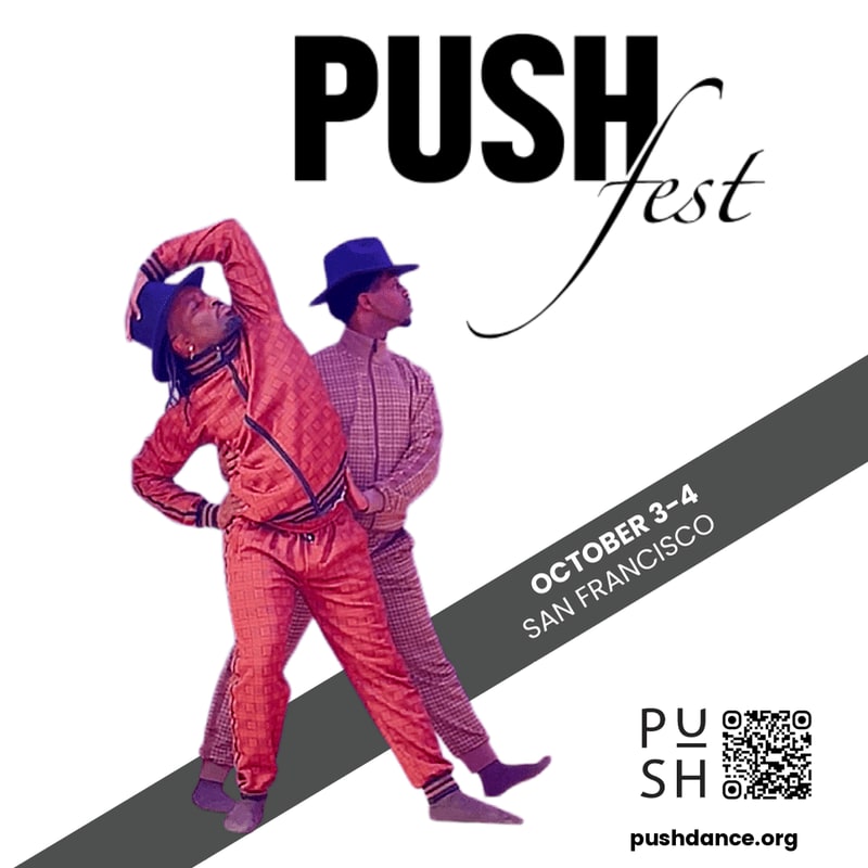 Two dancers in matching patterned tracksuits and hats pose dynamically in the foreground against a white background with event details and a logo.
