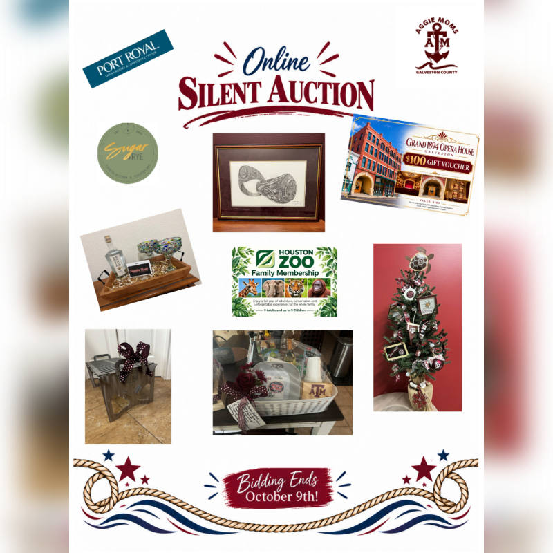 A collection of various auction items and gift certificates is displayed against a white background with a nautical-themed border at the bottom.