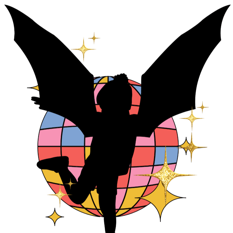 A black silhouette of a winged figure stands in the foreground against a background featuring a colorful disco ball and golden sparkles.