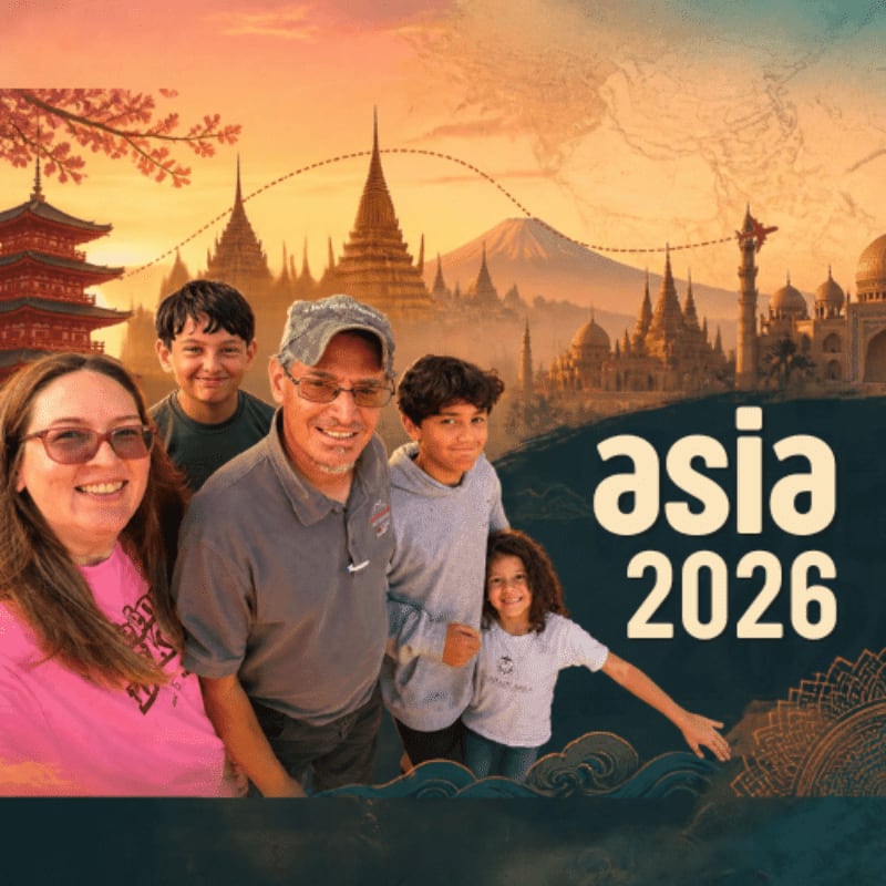 A smiling family of four stands in the foreground against a background of iconic Asian landmarks and a golden sunset.
