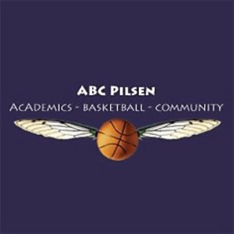 A winged basketball and the text "ABC PILSEN ACADEMICS - BASKETBALL - COMMUNITY" are centered against a solid dark purple background.