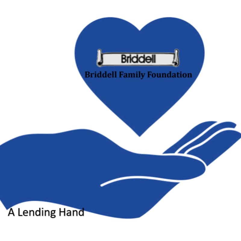 A blue heart containing the Briddell Family Foundation logo floats above a blue open hand against a plain white background.