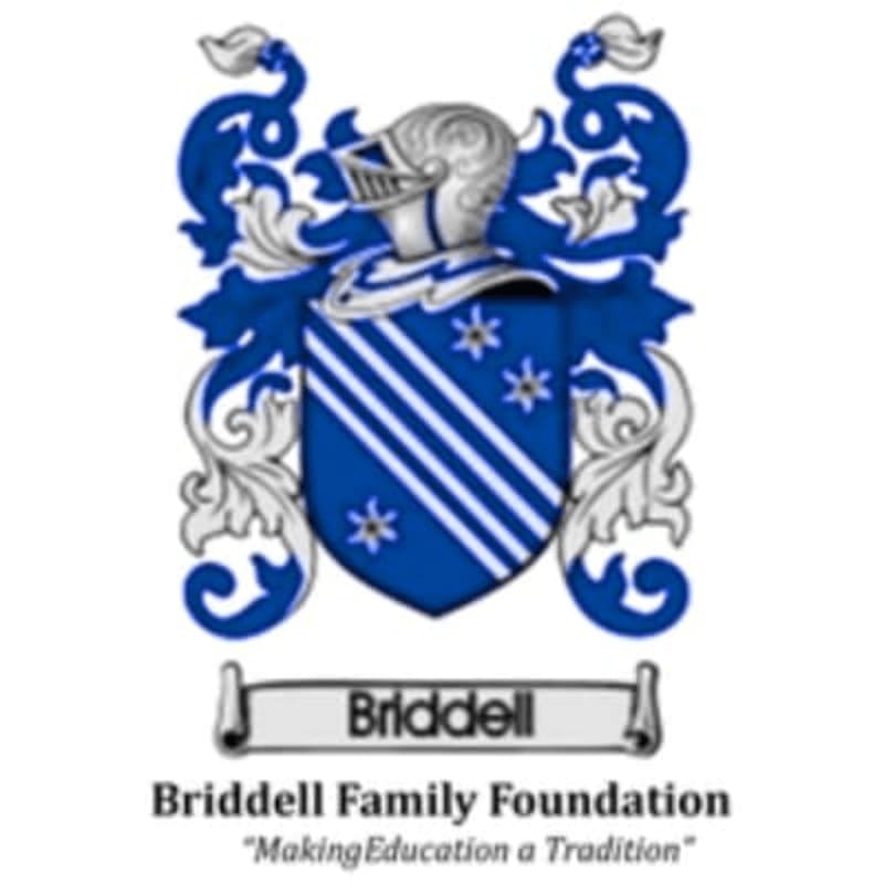 A blue and white coat of arms with the name "Briddell" on a banner sits against a white background.