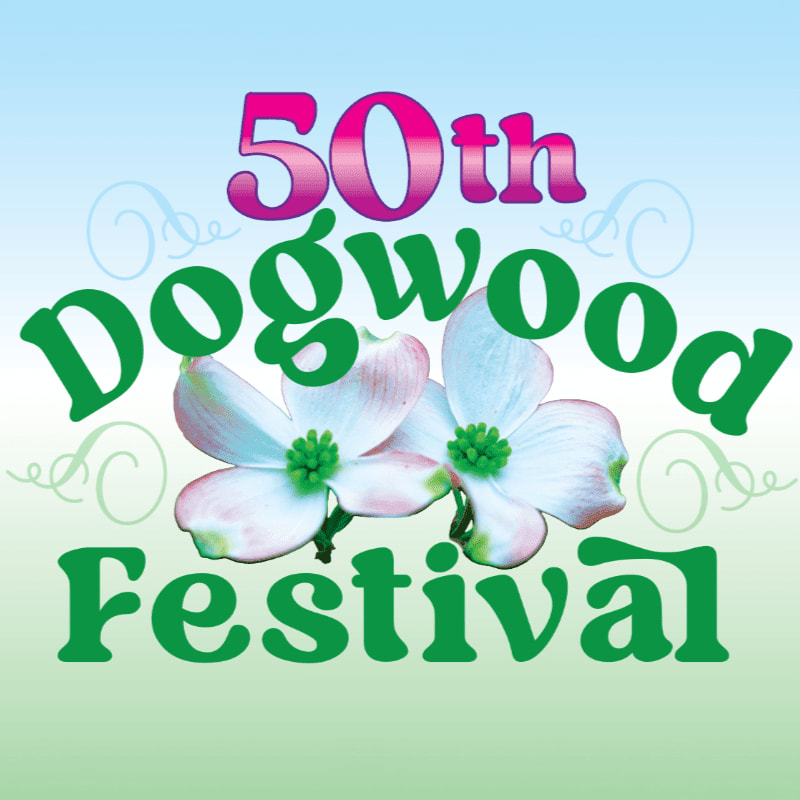 Two white dogwood blossoms are centered between the text "50th Dogwood Festival" against a light blue and green gradient background.