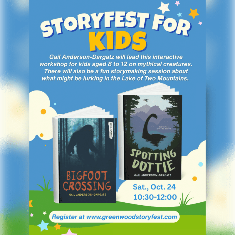 Two books titled "Bigfoot Crossing" and "Spotting Dottie" stand in the foreground against a blue background featuring event details for "Storyfest for Kids."