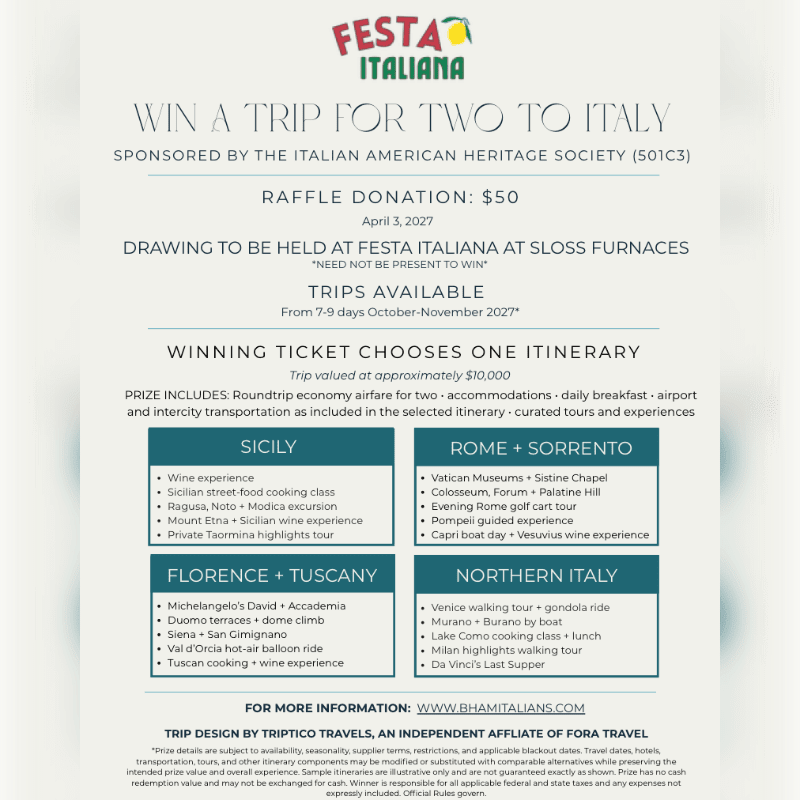 A white flyer advertising a raffle for a trip to Italy features colorful text in the foreground and a clean, minimalist background.