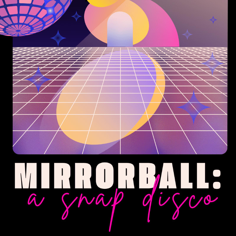 A retro-style disco scene features a glowing yellow oval on a purple grid floor, set against a background of colorful geometric shapes and a disco ball.