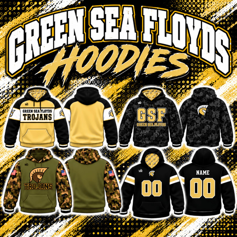 Eight different styles of Green Sea Floyds hoodies are displayed in the foreground against a dynamic yellow and black splattered background.