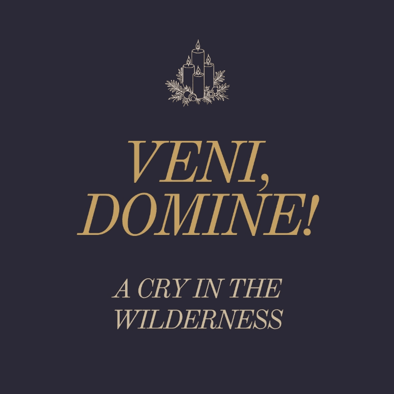 Gold text reading "VENI, DOMINE! A CRY IN THE WILDERNESS" and a small candle illustration sit centered against a dark navy blue background.