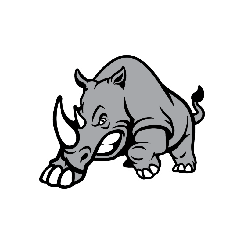 A stylized grey rhinoceros stands in the foreground against a plain white background.