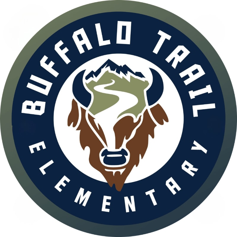 A stylized buffalo head containing a mountain and river landscape sits centered within a dark blue circular border featuring the text "BUFFALO TRAIL ELEMENTARY."