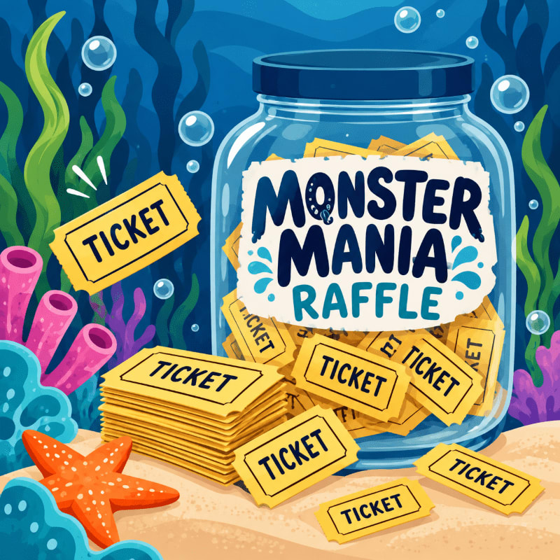 A glass jar filled with raffle tickets and a "Monster Mania Raffle" sign sit on a sandy seabed surrounded by coral, a starfish, and underwater plants.