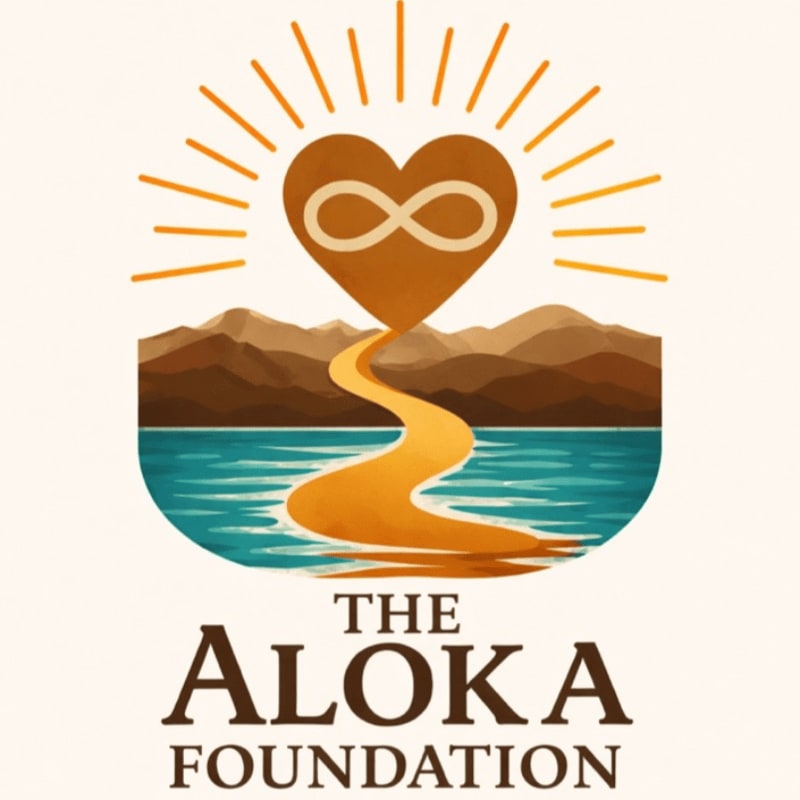 A brown heart with an infinity symbol and radiating sunbeams sits above a winding golden path that leads through brown mountains toward a blue body of water, with the text "THE ALOKA FOUNDATION" below.