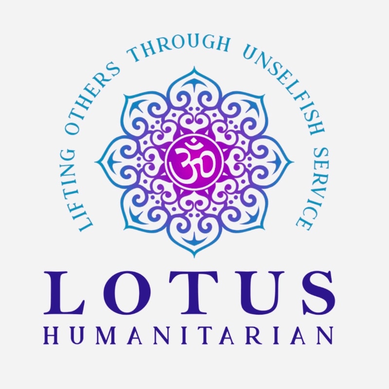 A blue and purple lotus mandala with an Om symbol and circular text sits above the words "LOTUS HUMANITARIAN" against a plain light gray background.