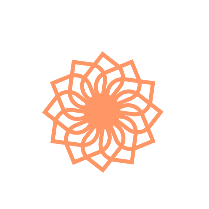 An orange geometric mandala pattern centered on a plain white background.