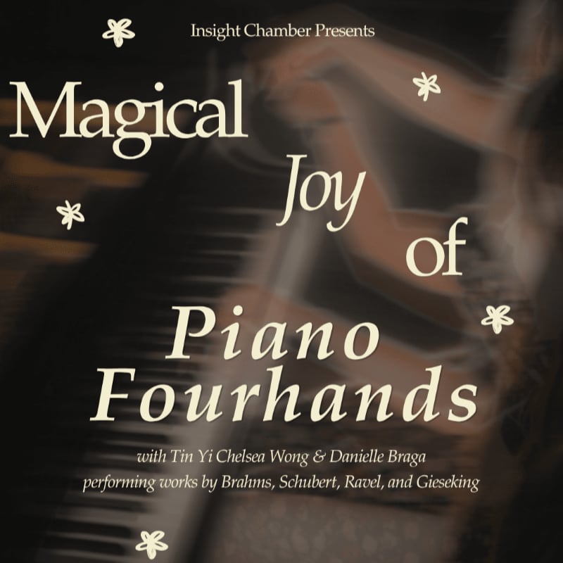 Cream-colored text announcing a piano performance overlays a blurred background of piano keys and a musician's hands.