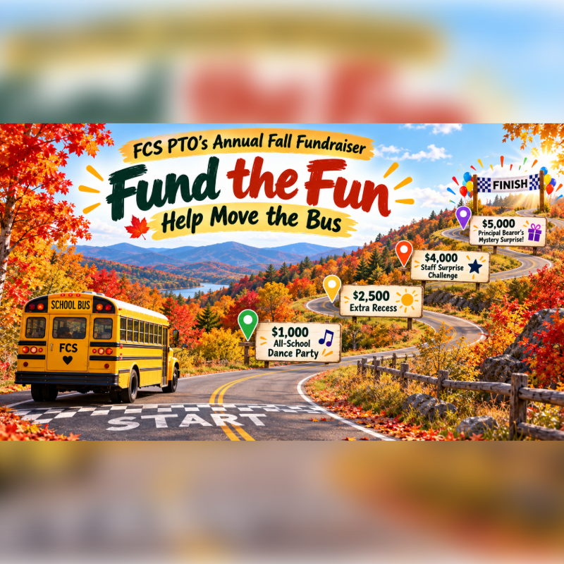 A yellow school bus sits at the start of a winding road through a colorful autumn landscape, with fundraising goal markers leading toward a finish line.