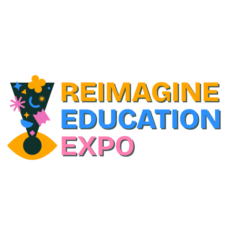A colorful logo for "REIMAGINE EDUCATION EXPO" with an abstract graphic element sits against a plain white background.