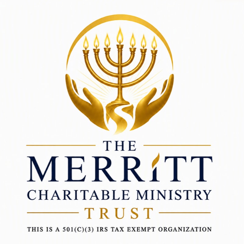 A golden menorah held by two cupped hands sits above the text "THE MERRITT CHARITABLE MINISTRY TRUST" against a plain white background.