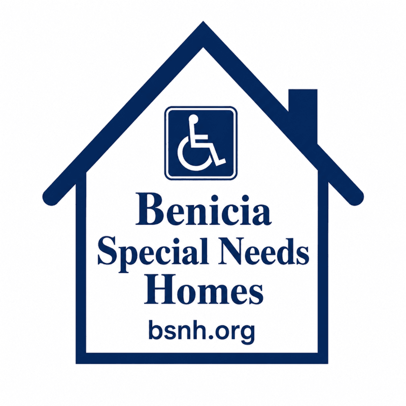 A blue house-shaped outline containing a wheelchair accessibility symbol and the text "Benicia Special Needs Homes bsnh.org" is set against a plain white background.
