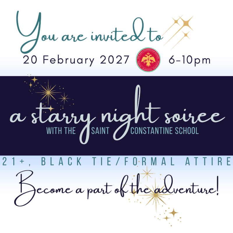 A dark blue background with white script announcing "A Starry Night Soiree" and event details in the foreground, and a school crest at the top.
