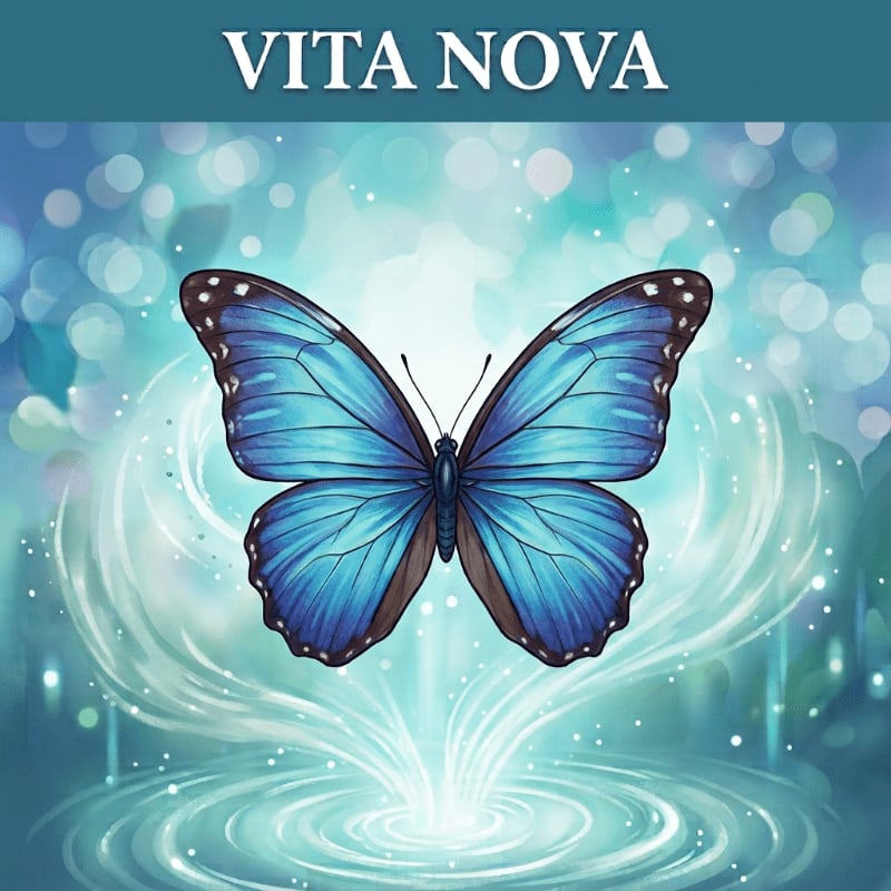 A blue butterfly floats in the foreground above a glowing swirl of light, set against a blurred, bokeh background of soft blue and white circles.