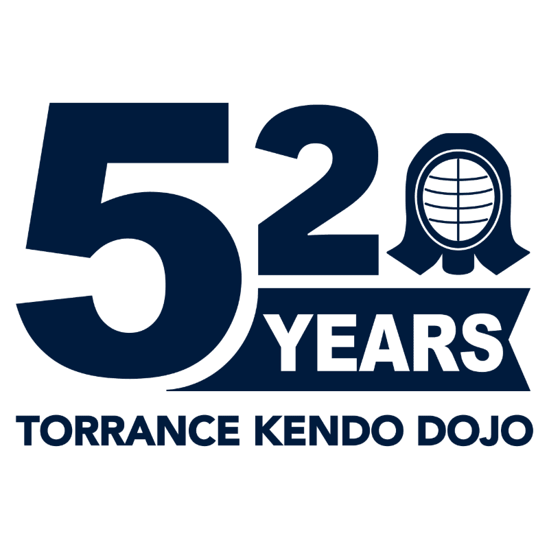 Dark blue text reading "52 YEARS TORRANCE KENDO DOJO" and a kendo helmet icon are set against a plain white background.
