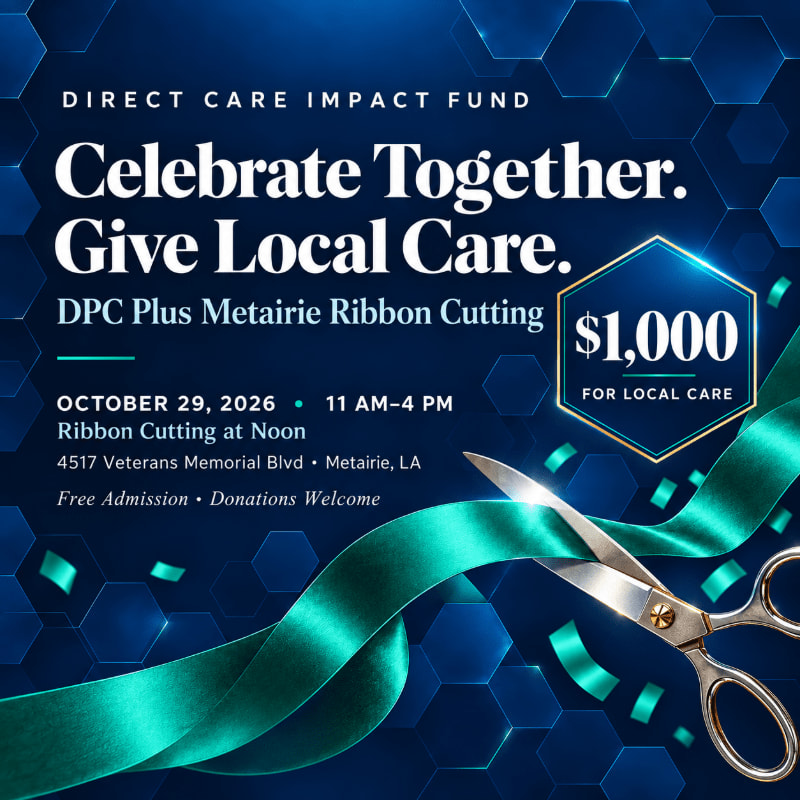 A pair of scissors cutting a teal ribbon sits in the foreground against a dark blue hexagonal background featuring event text for the DPC Plus Metairie Ribbon Cutting.