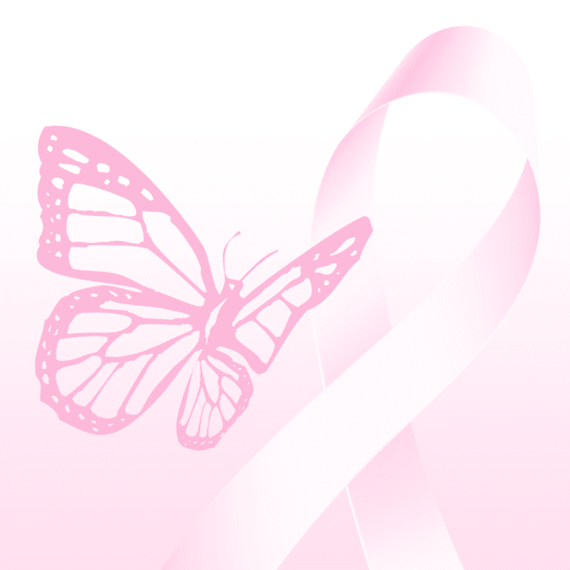 A pink butterfly is positioned in the foreground against a background featuring a flowing pink awareness ribbon.