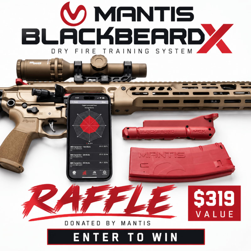 A tan rifle, a smartphone displaying a target, and red accessories sit in the foreground against a white background featuring "MANTIS BLACKBEARD X" branding and raffle text.